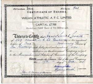 Wigan Athletic share certificate (1951). Supplied by Stan Aspinall